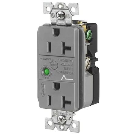 Hubbell Wiring Device-Kellems Duplex Straight Blade Receptacle, 5-20R, 20 A, 125V AC, 2 Pole, 3 Wire, Flush Mount, Grounded HBL5362GYSA